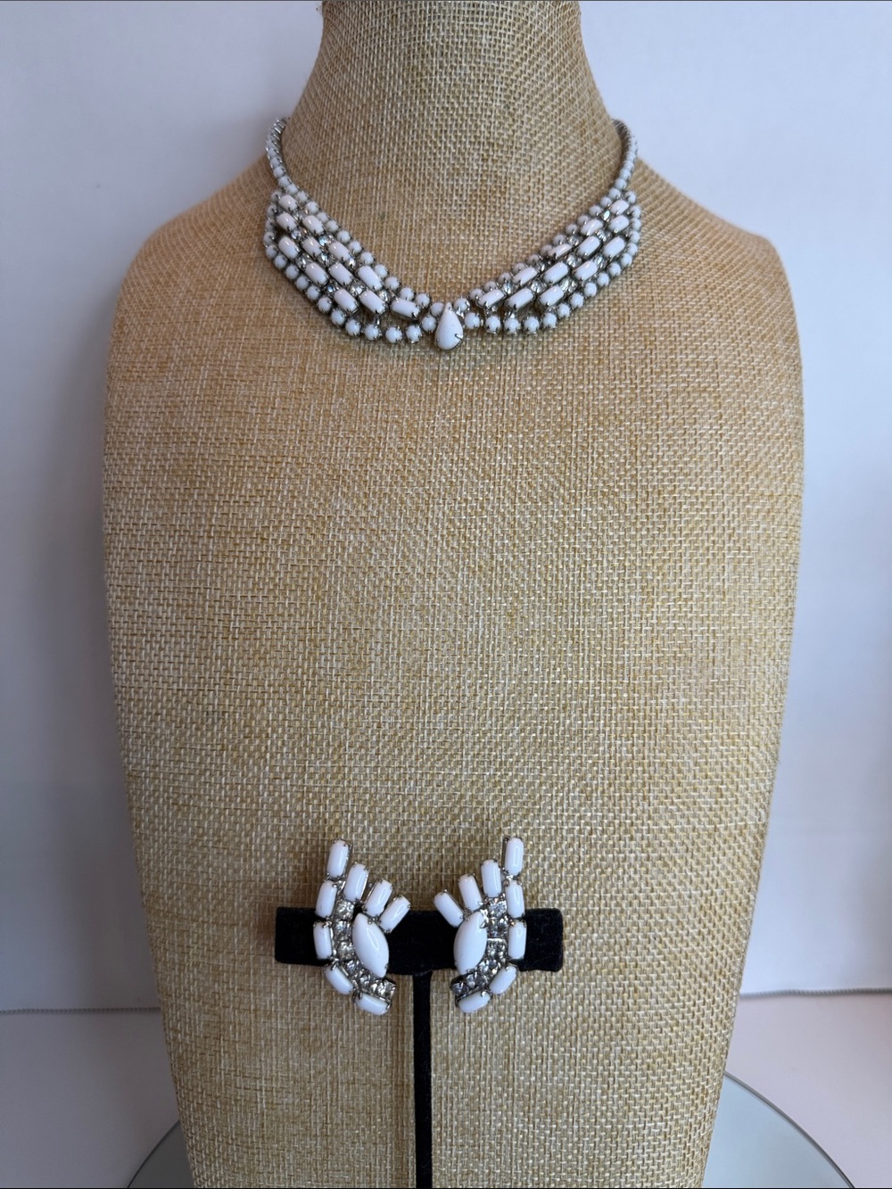 Vintage Milk Glass and Rhinestone Necklace and Earrings Set